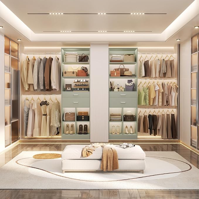 Besiost Closet System, 4-8 FT Closet Organizer Tower with 2 Wooden Drawers and Shelves, Can Fit 60 to 96 inch Walk-in Closet System with 5 Hang Rods, Built-in, Crab Green