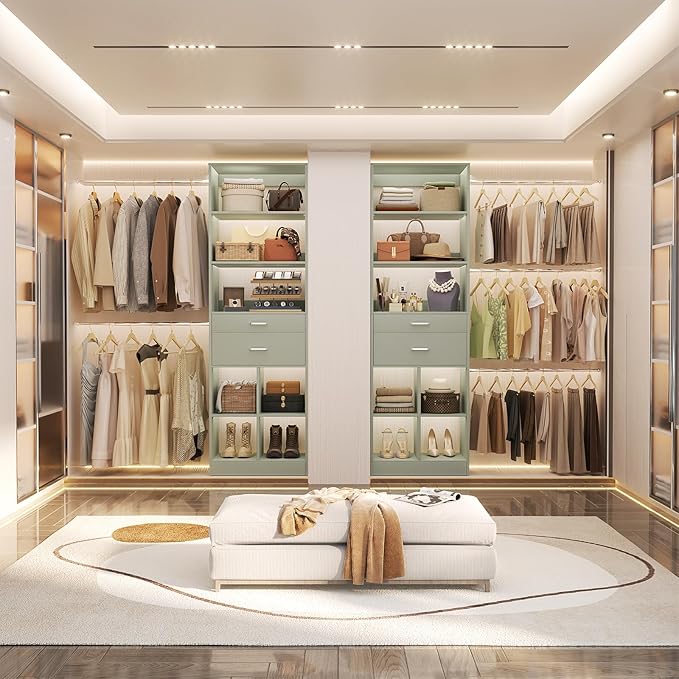 Besiost Closet System, 4-8 FT Closet Organizer Tower with 2 Wooden Drawers and 5 Hanging Rods, Can Fit 60 to 96 inch Walk-in Closet System, Crab Green