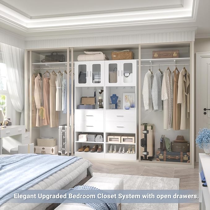 5FT Closet System with Doors and Wooden Drawers, 60'' Reversible Closet Organizer System with Big Wing Shelf and Hanging Rod, 80'' Tall Walk in Wardrobe Closet System with Shelves & Hooks, White