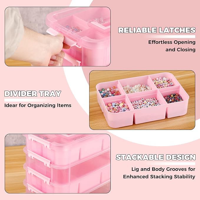 CraftGenes Art Supply Storage Organizer, 4-Tier 10 Qt Box, 2 Trays, Pink | Clear Compartments; Dual Removable Inserts; Carry Handle; Side Latches; Markers, Crayons, Brushes, Jewelry, Accessories