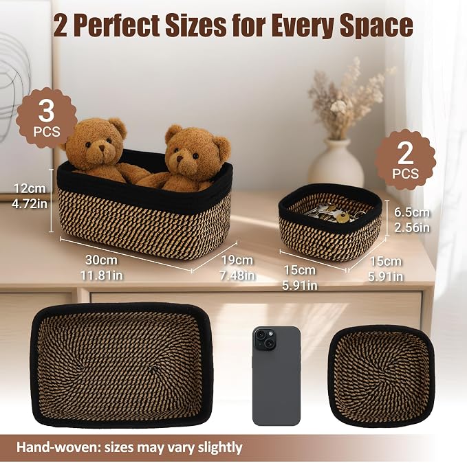 5-Pack Small Woven Rope Storage Baskets, 2 Sizes Organizer Bins | Fabric Cube Boxes and Rectangular Shallow Bins for Closet, Shelf, Bookshelf, Nursery, Changing Table, Bathroom, Toys & Home