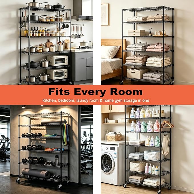 Meet perfect 6-Tier Storage Shelves NSF Certified Wire Shelving Unit on Wheels Heavy Duty Metal Shelves Adjustable Steel Shelving 2100Lbs Capacity for Closet Pantry Basement- (18"x45"x82", Black)