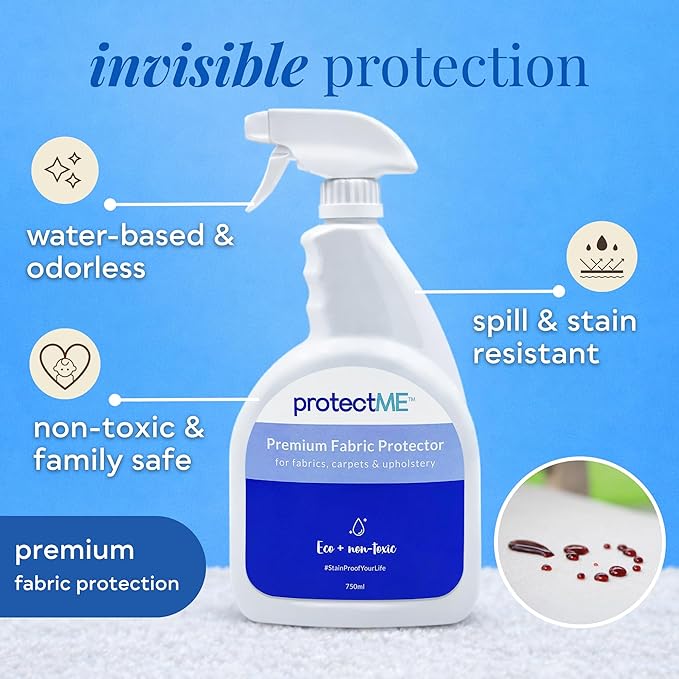 protectME Fabric Protector and Stain Resistant Spray - Upholstery Fabric Spray for Stain Guard for Carpet, Shoes, Couch, Sofa - Non Toxic, Water Based Furniture Protector - 84.5 Fl. Oz.