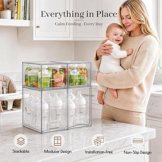 TIPGO Clear Stackable Storage Drawers, Baby Bottle Organizer, Easily-Access Makeup Organizer, Durable Containers for Bathroom Countertop, Pantry and Medicine Cabinet Organizer