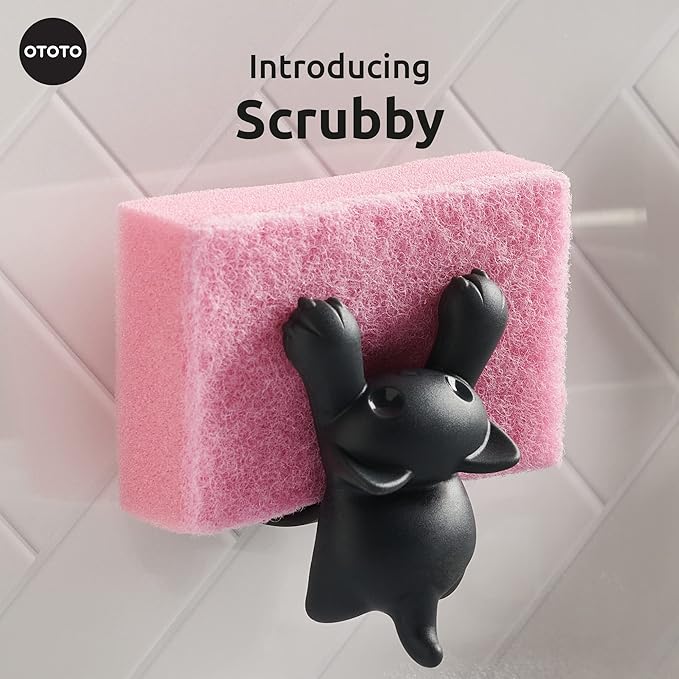 OTOTO Scrubby Cute Cat Sponge Holder for Kitchen Sink - Dishwasher Safe Dish Organizer- Compact, Cute Kitchen Accessories, Dish Sponge, White Elephant Gifts