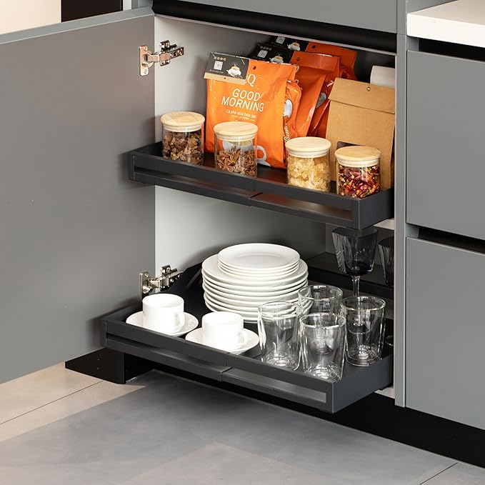 Basicwise Expandable Deep Drawer Organizer Adjustable Pull-Out Cabinet Storage Tray for Kitchen Organization Ideal for Cookware Dinnerware Food Containers Utensils Bakeware & Pantry Essentials, Large