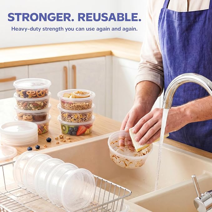 GUSTO 8 oz. Plastic Deli Disposable Food Storage Containers with Airtight Lids - [48 Sets] Slime Containers (Formerly Comfy Package)