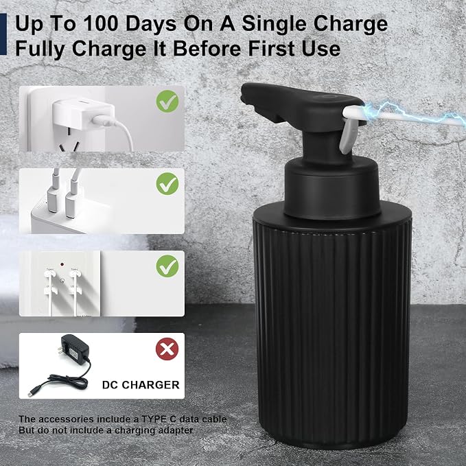 Automatic Soap Dispenser Foaming Touchless: 9oz Black Plastic - Rechargeable Electric Smart Auto Foam Soap Dispenser - Hand Dish Bathroom Kitchen