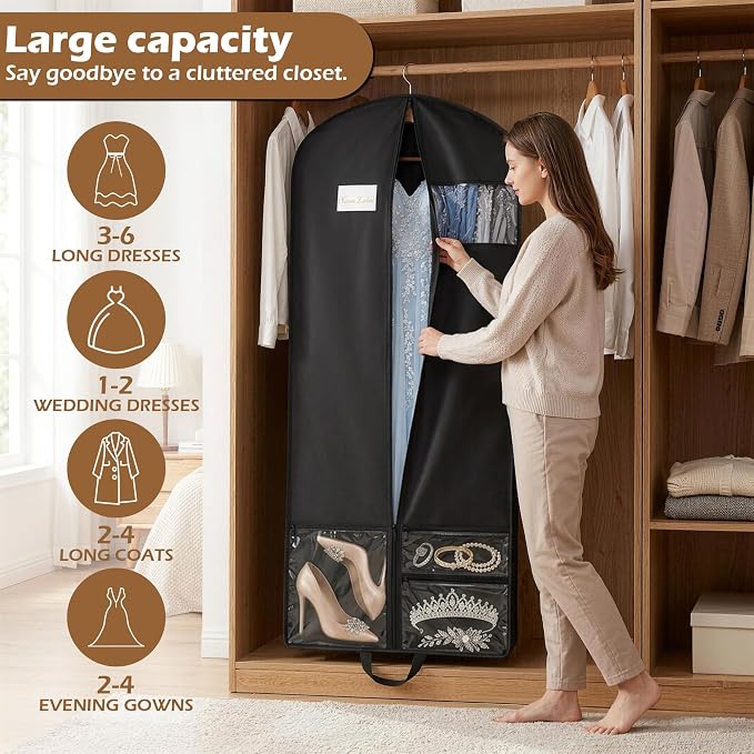 65" Long Garment Bags, Waterproof Travel Dress Bags for Hanging Clothes, Wedding Dress Cover Clothes Protector for Closet Storage, Suitable for Gowns, Tuxedos, Coats, Black