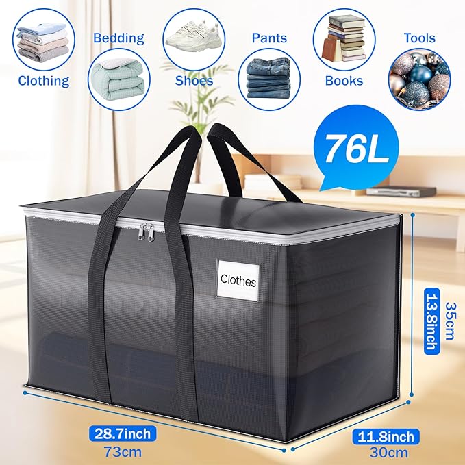 ElegantArray 8 Pack Moving Bags Heavy Duty, Moving Boxes, Storage Bags with Zipper & Handles & Tag for College & Dorm Moving Supplies Grey Laundry Hamper Bag, Foldable Space-saving Totes (76L, Grey)