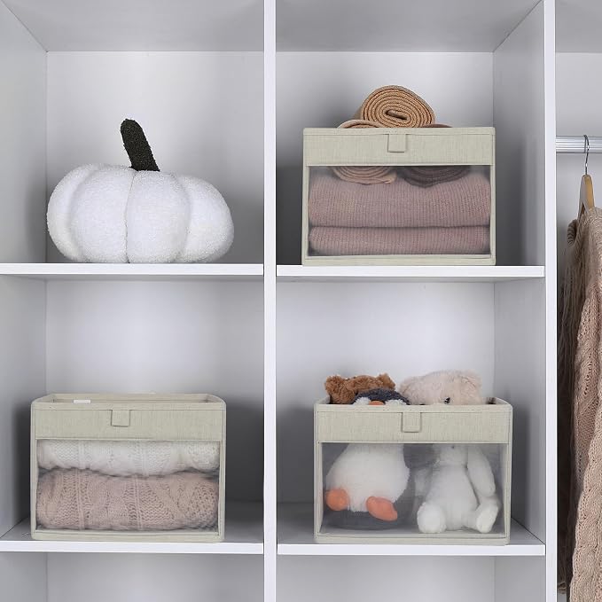 WUIKE Closet Storage Bins with Clear Window, Fabric Organizer Baskets with Handles, Foldable Linen Closet Organizers and Storage for Shelves, Line Beige, 11" L x 11" W x 8" H, 3 Pack