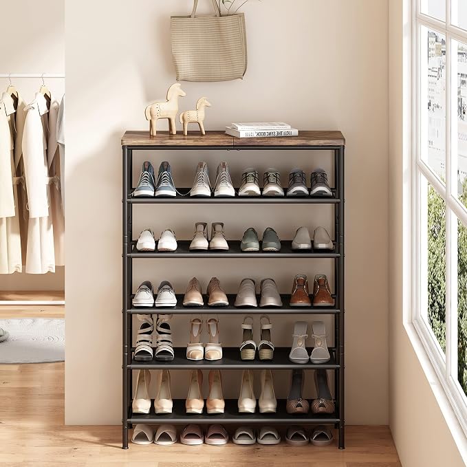 INGIORDAR Shoe Rack Organizer 6 Tier Metal Organizer Shelf with Industrial MDF Board and Layer Fabric for Entryway Closet Bedroom Living Room Garage,Black & Rustic Brown (Black+Rustic Brown, 6 Tier) | Metal space-saving Shoe Shelf stores 24+ Pairs of S...