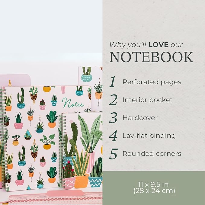 Steel Mill & Co Cute Large Spiral Notebook College Ruled, 11" x 9.5" with Durable Hardcover and 160 Lined Pages, Succulent