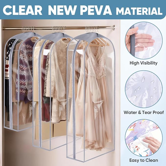 BALEINE 48'' Clear Garment Bags, 10.5'' Wide PEVA Suit Bag for Closet Clothes Dresses Suit Coats Storage (Clear, 6PK)