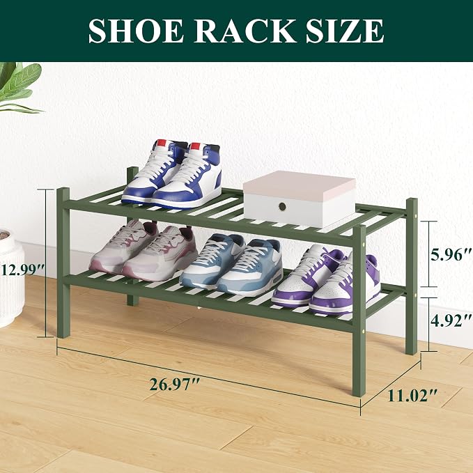 Smiry Bamboo Shoe Rack for Closet, 2 Tier Wooden Shoe Organizer, Stackable Wood Shoe Storage Shelf for Entryway, 14 Vertical Slats, One-piece Heavy-Duty Legs, 26.77"x11.02"x12.99", Green