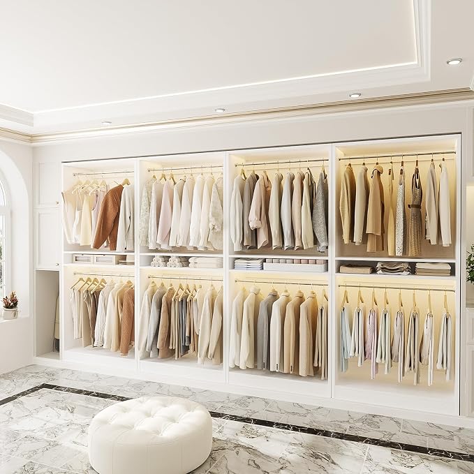 Unikito 12FT Modular Closet System with 8 Hanging Rods, 2800LBs Wood Garment Rack, 4-Pieces Ultra-Wide Walk-in Closet Organizer, Freestanding Clothing Shelves, White