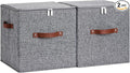2PCS Large Storage Cubes with Zippered Lids 3 PU Leather Handles | Fabric Storage Bins Boxes Cotton Linen Decorative Foldable Washable Lidded Shelf Closet Organizer Container (Gray, 13 Inch)