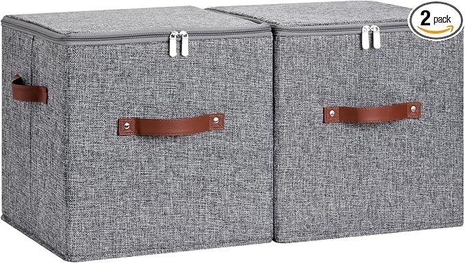 2PCS Large Storage Cubes with Zippered Lids 3 PU Leather Handles | Fabric Storage Bins Boxes Cotton Linen Decorative Foldable Washable Lidded Shelf Closet Organizer Container (Gray, 13 Inch)