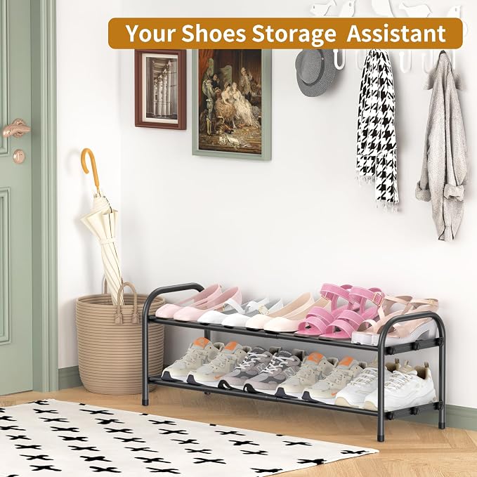 Hleelomi 2-Tier Expandable Shoe Rack for Entryway，Adjustable Metal Shoe Organizer for Closet,Living Room,Dorm,Black