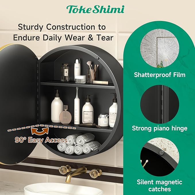 TokeShimi 24 Inch Round Bathroom Medicine Cabinet with Mirror Surface Mount Only Circular Gold Framed Farmhouse Medicine Cabinets for Wall Small Circle Mirrored Bath Cabinet with Vanity Mirror
