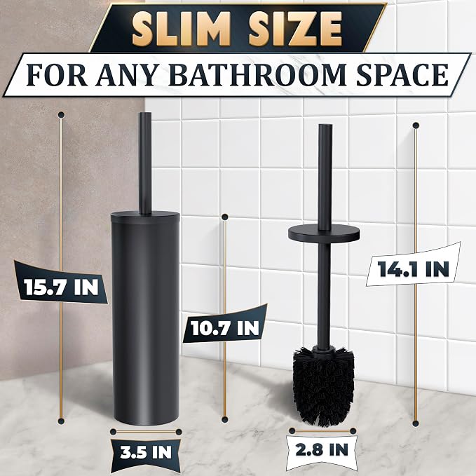 Stainless Steel Toilet Brush and Holder Set, Splash Guard (Black) | Matte Black Toilet Brush and Holder Set, Removable Bowl, Dense Bristles, Long Handle, Scratch Resistant, for Modern Bathrooms