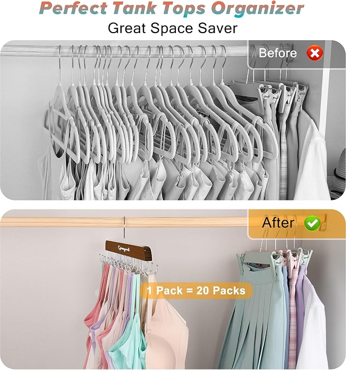 Gomyrod Tank Top Hanger, 2 Pack w/40 Hooks Bra Hanger for Closet Organizer | Premium Wood Space Saving Hanger, 360°Rotating Closet Organizers and Storage, Multi Hook Hanger for Dorm & Apartment, Brown
