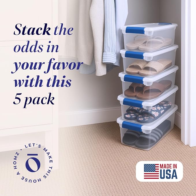 HOMZ 5-Pack Latching Lid, Clear Plastic Storage Organizer Bins, 7.5 Quart, Blue Latch - Stackable Organizing Containers for Home, Garage, and Office