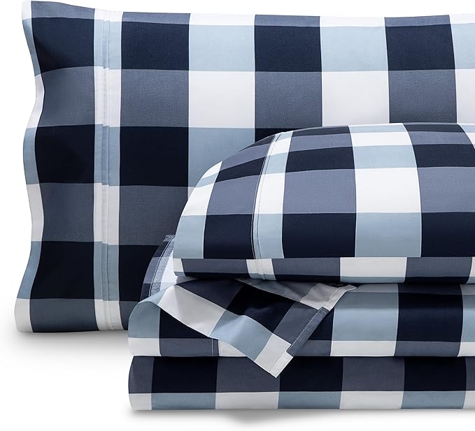 Bare Home Queen Sheet Set - Luxury 1800 Ultra-Soft Microfiber Bed Sheets - Double Brushed - Deep Pockets - Easy Fit - 4 Piece Set - Bedding Sheets & Pillowcases (Queen, Gingham Blue)