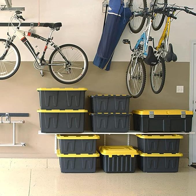 HOMZ Durabilt Heavy Duty Storage Container | 27 Gallon | Flip Lid & Stackable | Durable Tote | Black Base with Yellow Lid, 2 Pack | Heavy-Duty Large Stackable Container Boxes for Home, Attic, and Garage Organization