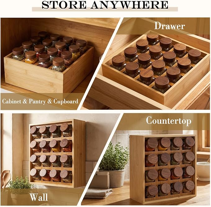 Novabright 16 Grids Bamboo Spice Rack Organizer, Wooden Spice Rack Wall Mount with Square Compartments, Wood Hanging Shelf for 4 oz Glass Jar Drawer Cabinet Kitchen Countertop Wall, Jars Not Included