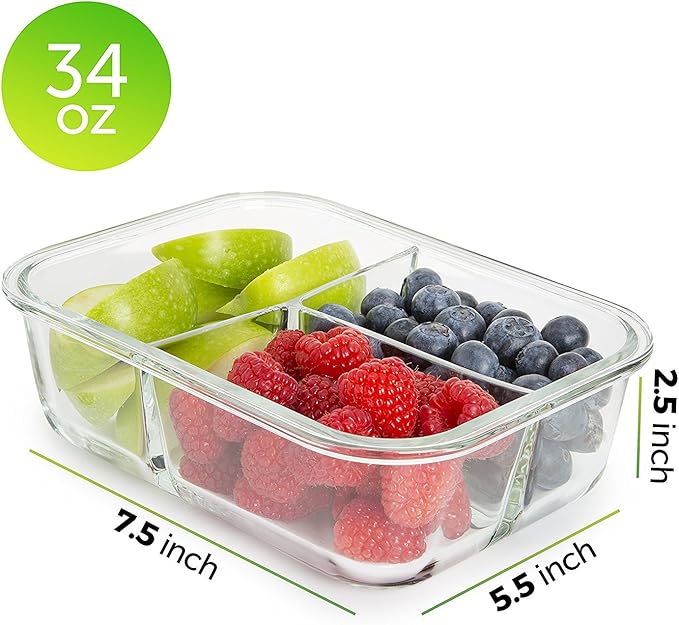 PrepNaturals 4 Pack 34 Oz Glass Meal Prep Containers - Dishwasher Microwave Freezer Oven Safe - Glass Storage Containers with Lids (Multi-Compartment) | Borosilicate Glass Meal Prep Containers - Airtight Leak-Resistant Lids, Microwave, Oven & Freezer S...
