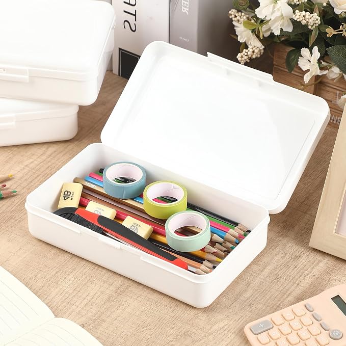Blulu 6 Pack Large Plastic Pencil Case Box Clear Pencil Boxes Bulk Hard Crayon Box Storage with Snap Lids 8.1 x 4.7 x 2.2 Inch Painting Organizer Classroom Stationery School Supplies (White)