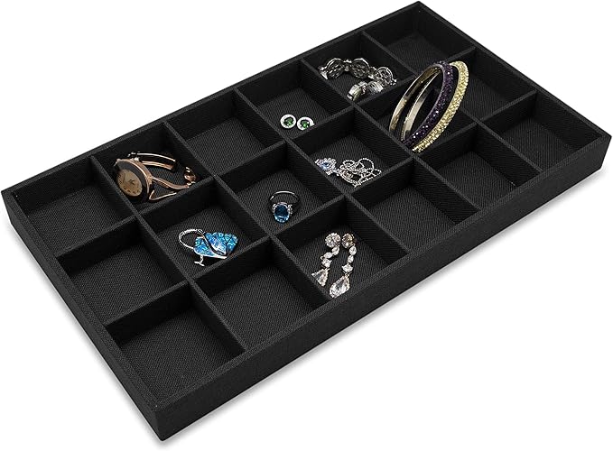 The Display Guys - Stackable Jewelry Tray and Organizer - for Drawers, Dressers, Store Display (18 Compartments, Black Burlap)
