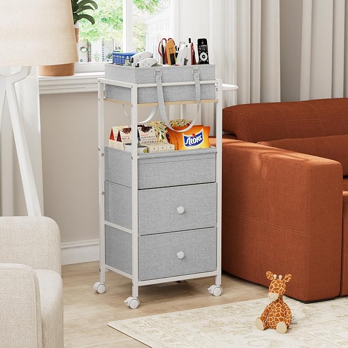 Modanais Baby Diaper Caddy Organizer Cart with Drawers - 3In1 Rolling Storage Cart with Wheels, Removable Diaper Caddy, Detachable Dividers - for Crib, Bedroom, Art & Craft Organizer (Light Gray)
