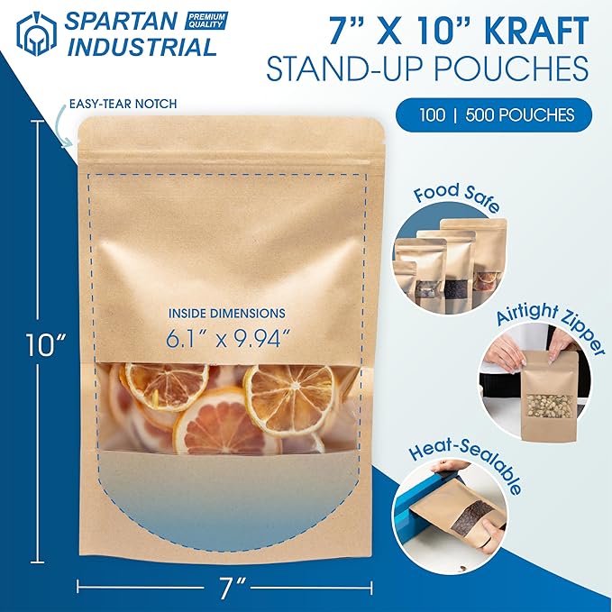 Spartan Industrial - 7" X 10" Kraft Stand-Up Pouch Bags - Pack of 100 Large Smell-Proof Bags for Bulk Food Packaging, Homemade Treats, Bath Products, and More