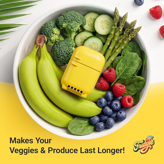 Fridgie Produce Saver, Ethylene Gas Absorber, Fresh Fruit Saver - Yellow | 4 refill packets, lasts up to 1 year, slows ripening, reduces food waste, crisper drawer, saves lettuce, greens, herbs