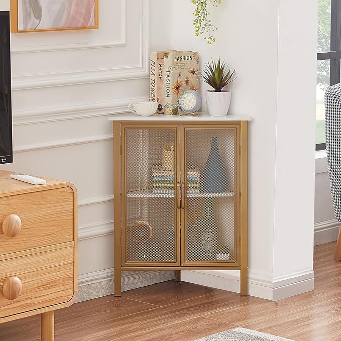 VECELO Corner Cabinet/Table, 3-Tier Display Shelves with Protection Door, Metal Frame Storage Shelf Organizer for Small Space, Living Room, Kitchen, Bathroom