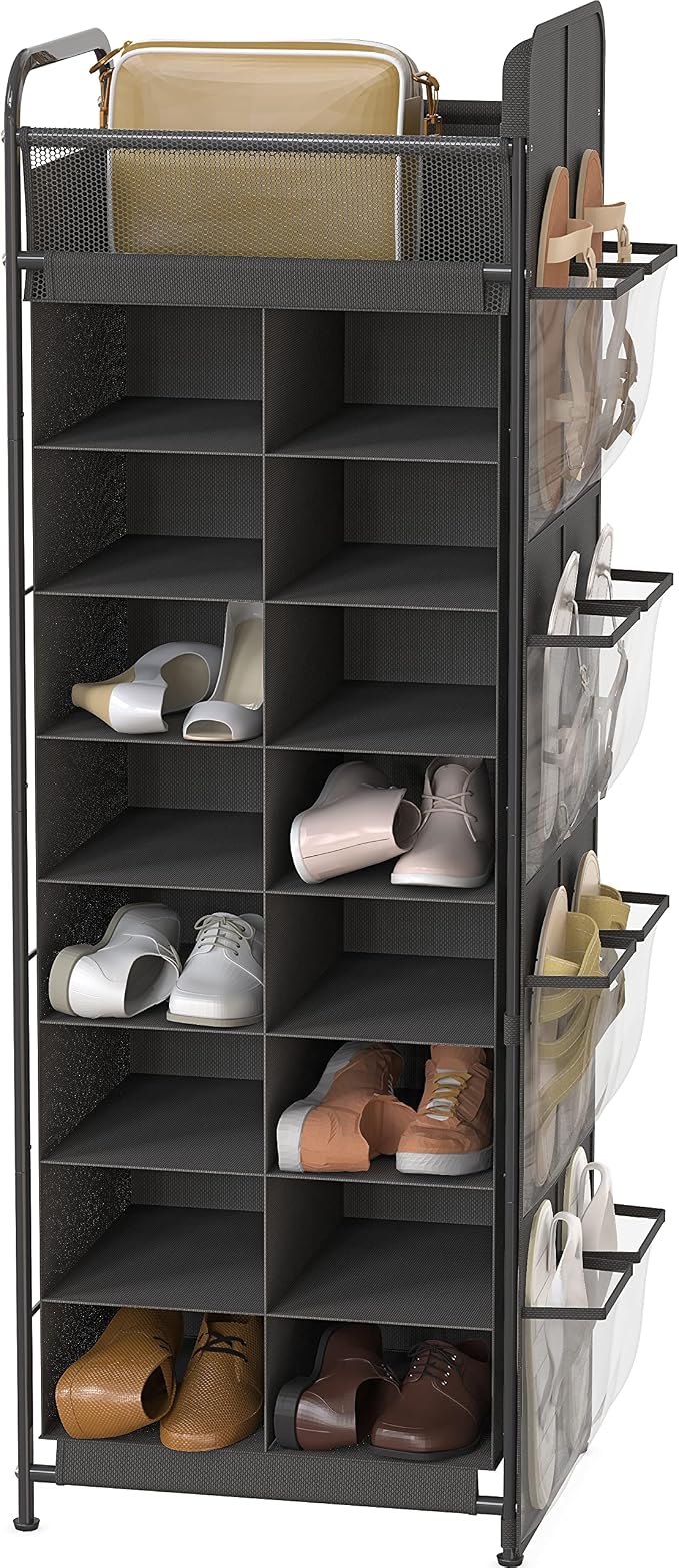 Simple Houseware 16 Cube Shoe Stand Tower Rack 8 Tier, Dark Gray | Top Shelf and Side Hanging Pockets