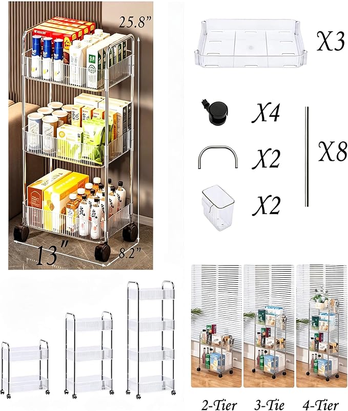 3-Tier Clear Utility Rolling Cart with Wheels for Kitchen & Bathroom | Lightweight-usage, Easy assembly, Multifunctional storage organizer, Clear, 8.2”W * 13”L * 25.8”H