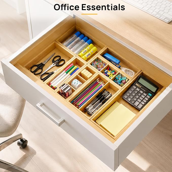Vtopmart Bamboo Drawer Organizer Boxes - Set of 7 Multi-purpose Wooden Storage Dividers for Kitchen, Bathroom, Office, Desk, Makeup, Jewelry & More, Non-Slip Junk Drawer Organizer Trays for Storage