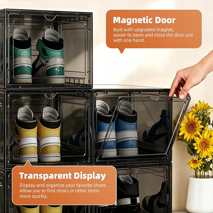 KEFA XL Shoe Storage Box, 8 PACK Shoe Boxes Clear Plastc Stackable Organizer, Clear Plastic Shoe Boxes Fit for US 15 (8 PACK GRAY)