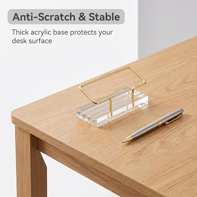 Desktop Business Card Holder, Clear Transparent Base with Gold Plated Metal Stand, Non-slip Business Cards Display Organizer for Office Reception Desk Workspace Clear