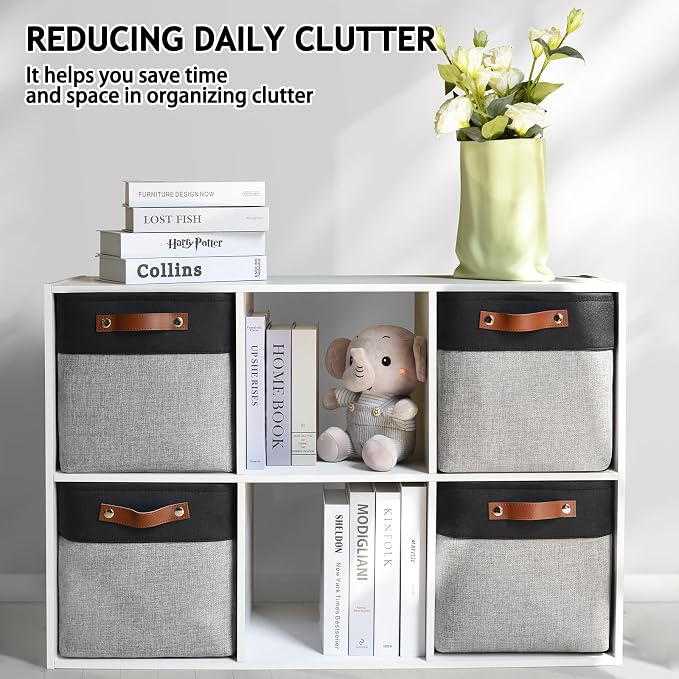 Patvingot Fabric Storage Cubes 11", 4 Pack, with PU Pull Handles,Foldable | For accessories on cube shelves or in closets; reinforced opening, pull-out access, folds flat when empty,dark and gray