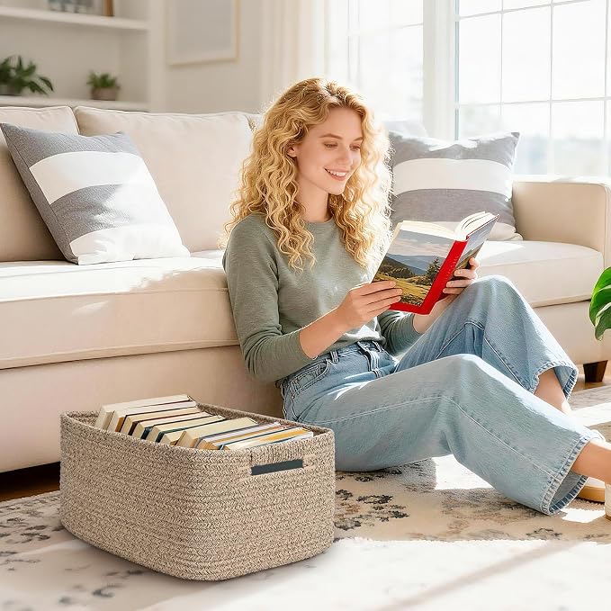 2 Pack Large Storage Basket for Organizing, 17.5"x13"x7" Woven Basket for Shelves, Closet Cube Storage Bins with Wrapped Handle, Cotton Rope Baskets for Kitchen, Clothes, Toys (Natural)