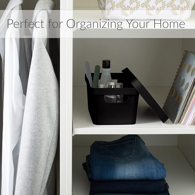 Simplify Small Vinto Storage Box | Click Tight Lid | Dimensions: 9.76" x 6.69" x 4.84" | Stackable | Home Organization | 2 Handles | Black Charcoal, 1 Count (Pack of 1)