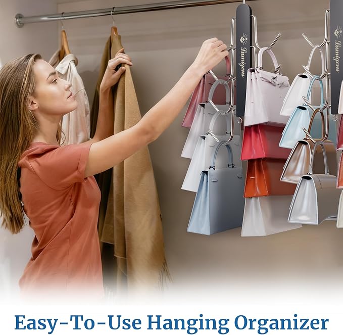 Purse Hanger, Purse Organizer for Closet with 8 Hooks for Heavy Bags, Sturdy Bag Storage, Rotatable Handbag Holder, Purse Rack Space Saving Backpack Hanging Closet Organizer Hangers, Black