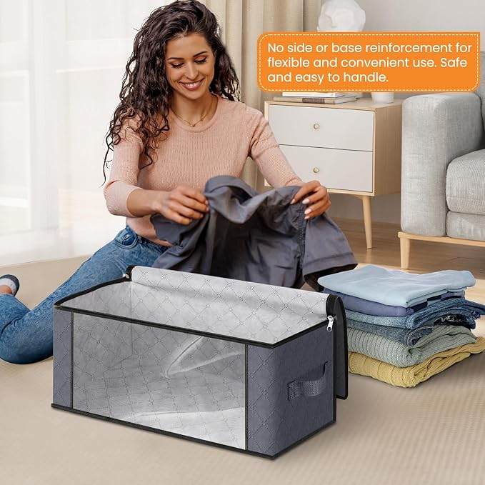 Fab totes 35L Closet Organizers and Storage, Foldable Under Bed Storage Containers, Storage bags for Organizing Bedroom, Closet, Clothing,Organization with Handle (4 Pack,Grey)