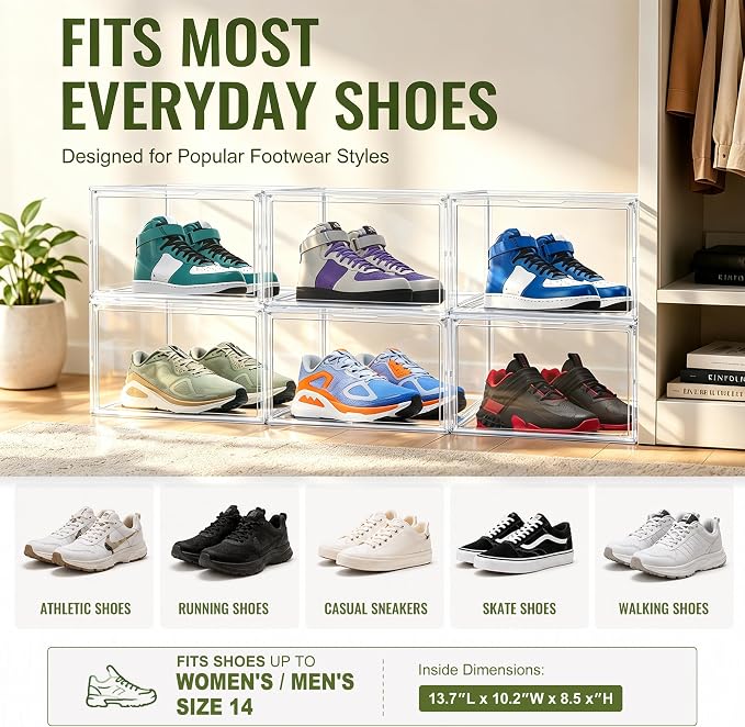 Clear Acrylic Shoe Box Size 14, Stackable Everyday Footwear Storage | Fits size 14 sneakers,casual shoes and athletic footwear. Clear acrylic design with magnetic door & dustproof storage.1 Pack