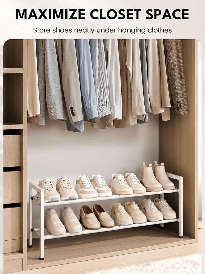 Bumusty 2-Tier Expandable Shoe Rack for Closet, 18“-33” Adjustable Shoe Rack for Small Space, Small Shoe Organizer for Front Door, Sturdy Metal, White