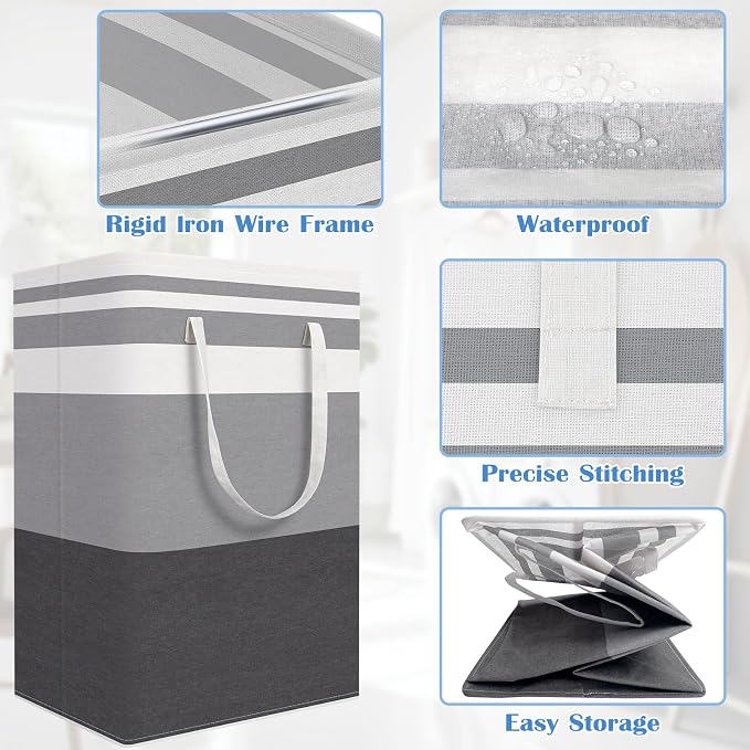 BlissTotes 3-Pack Laundry Basket, Freestanding＆Waterproof Laundry Hamper, Collapsible Tall Clothes Hamper with Easy Carry Handles for Clothes, Towels in the Family and Dorm,Gradient Grey,125L